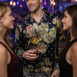 ASOS DESIGN Mens 2XL Button Up Shirt Floral Abstract Print Black Long Sleeve